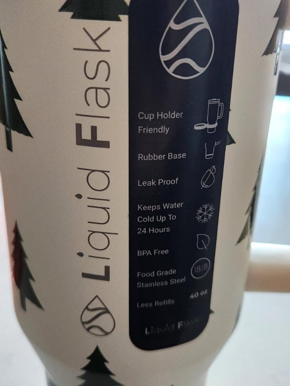Liquid Flask 40oz Insulated Tumbler - Cream color with Pine Trees - Picture 6 of 7